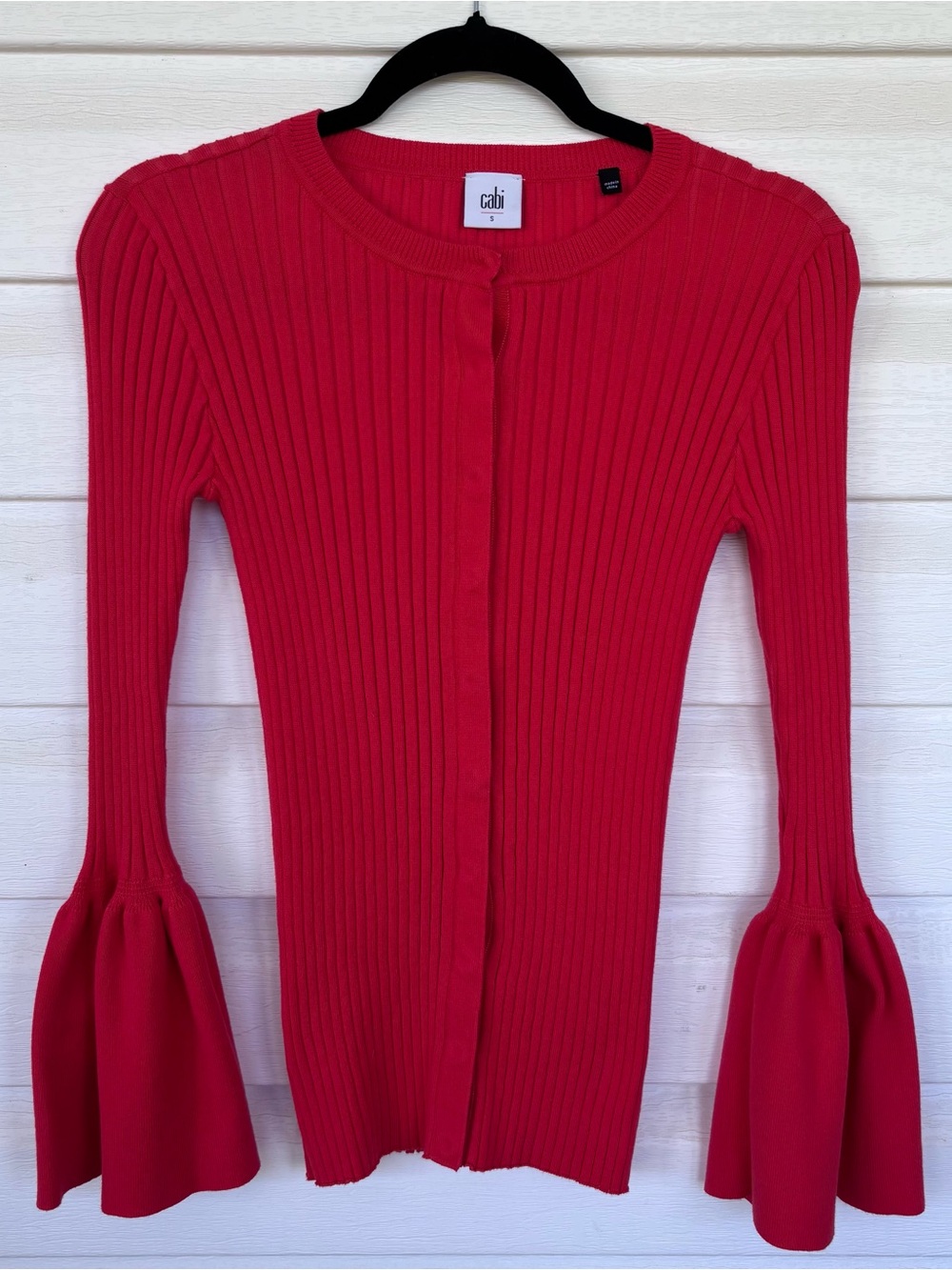 CAbi Raspberry Red Ribbed Button-Up Sweater with Flared Sleeves Size Small
